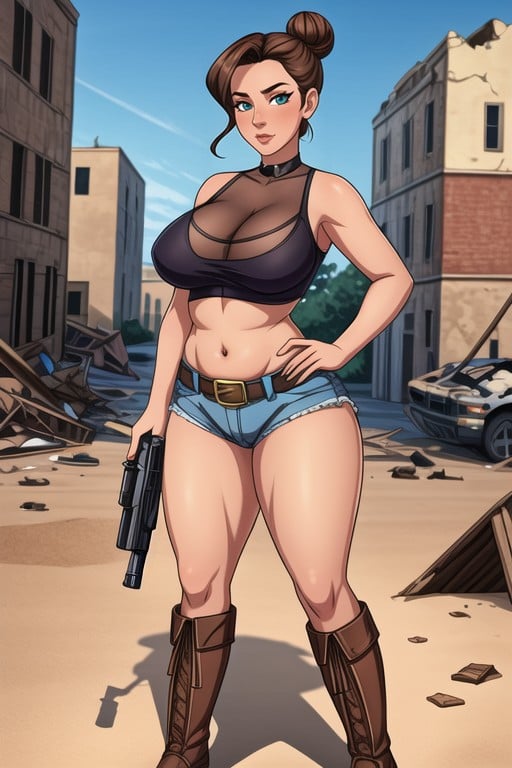 With A Fat Face And A Hairy Pussy, Sheer Lace Practically See Through Shorts Panties, In A Destroyed War Torn Desert City With Rubble And Destroyed BuildingsヘンタイAIポルノ