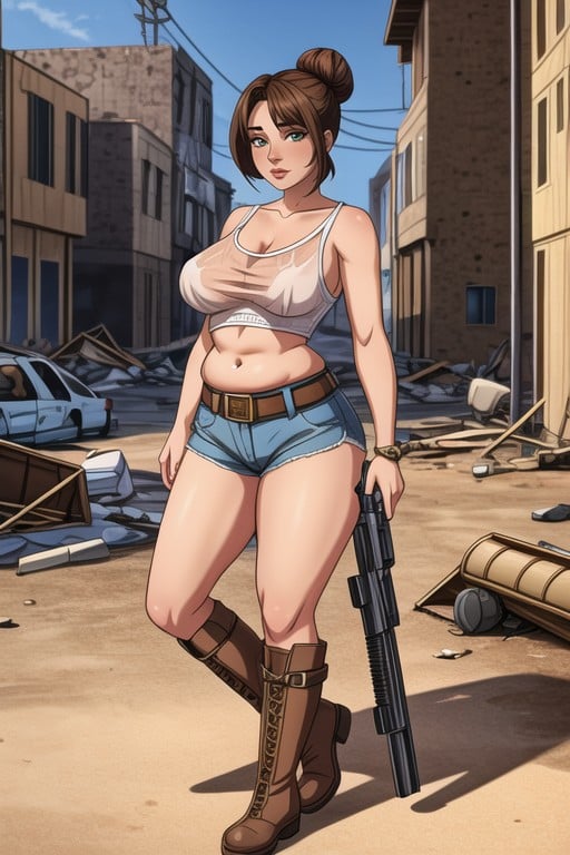 Voluptuous, Side Buckle Cowgirl Boots, Hair Bun With Side Bangs Hentai AI Porn