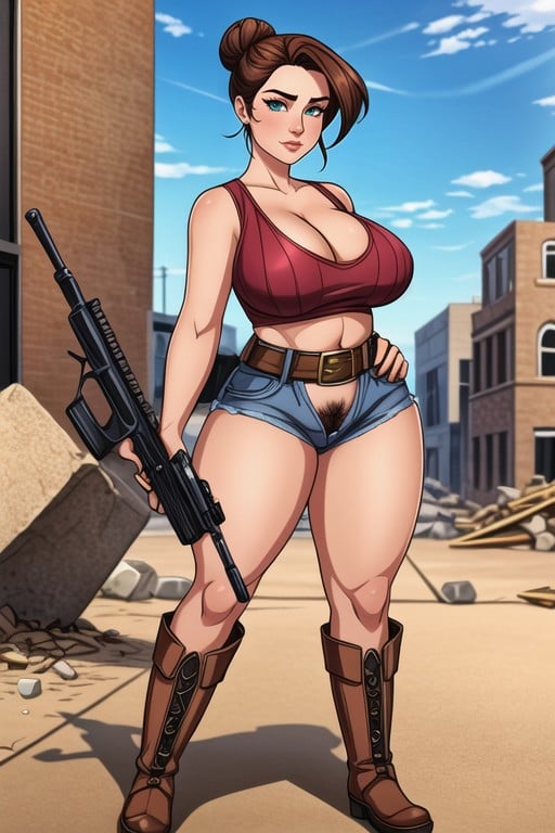 Wearing Sleeveless Crop Top, Hair Bun With Side Bangs, In A Destroyed War Torn Desert City With Rubble And Destroyed BuildingsヘンタイAIポルノ