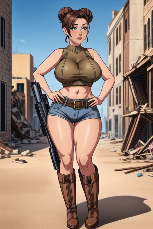 Corps Entier, Hair Bun With Side Bangs, Wearing One Cowboy Style Gun Belt Around Hips And One Cowboy Style Gun Belt Crossed Over ChestPorno IA Hentai