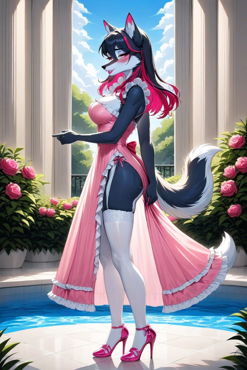 Female Wolf, Stockings, Pink Transparent Dress With Frills And Lace Pornografia peluda com IA