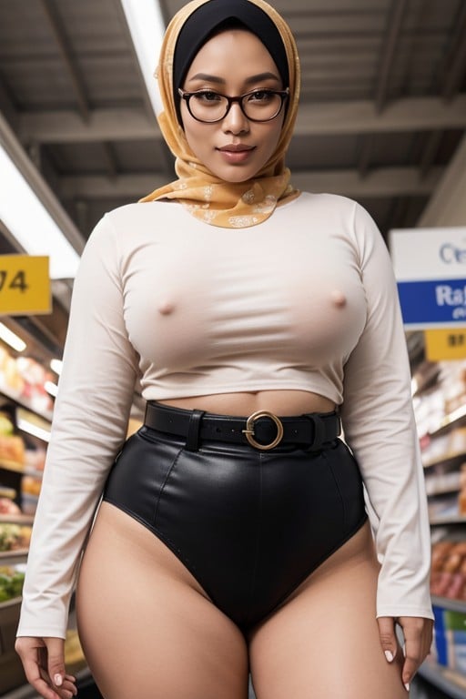 正面视图, - Indonesian Woman - Wearing Glasses - Long Sleeves T-shirt - Tattooed, 下视角AI黄漫