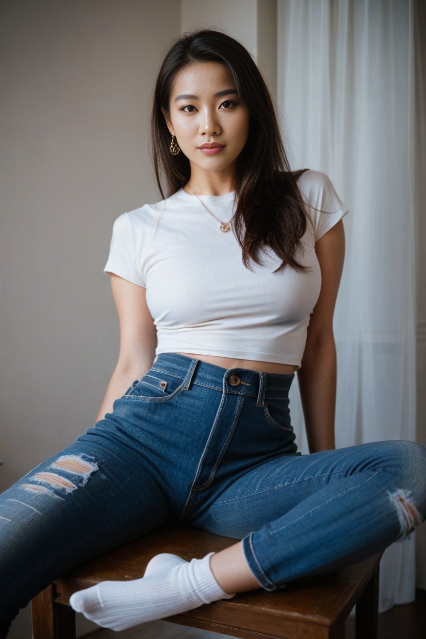 18+, Asian Woman Jeans White Socks Takeoff Latexboots AI Gay Porn