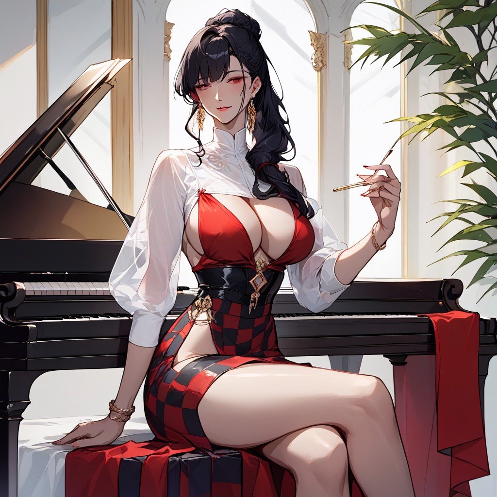 Sitting Next To Piano, Black Hair, Revealing Clothes Shemale AI Porn