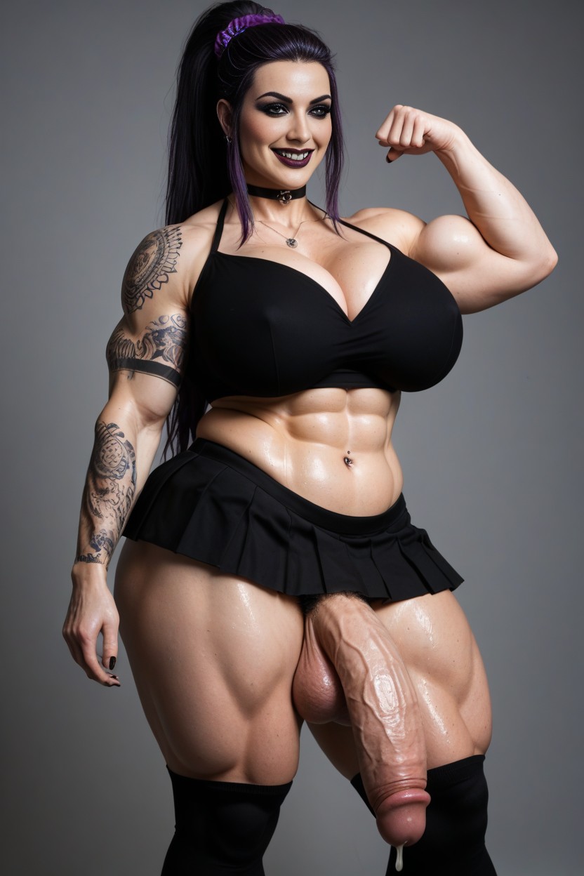 Mischievous (smiling While Blushing), Unrealistically Thick Muscular Futanari, Ultra Wide Hips AI Porn