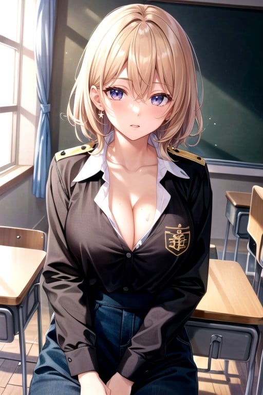 Classroom, Medium Hair, Cleavage Hentai IA pornografia