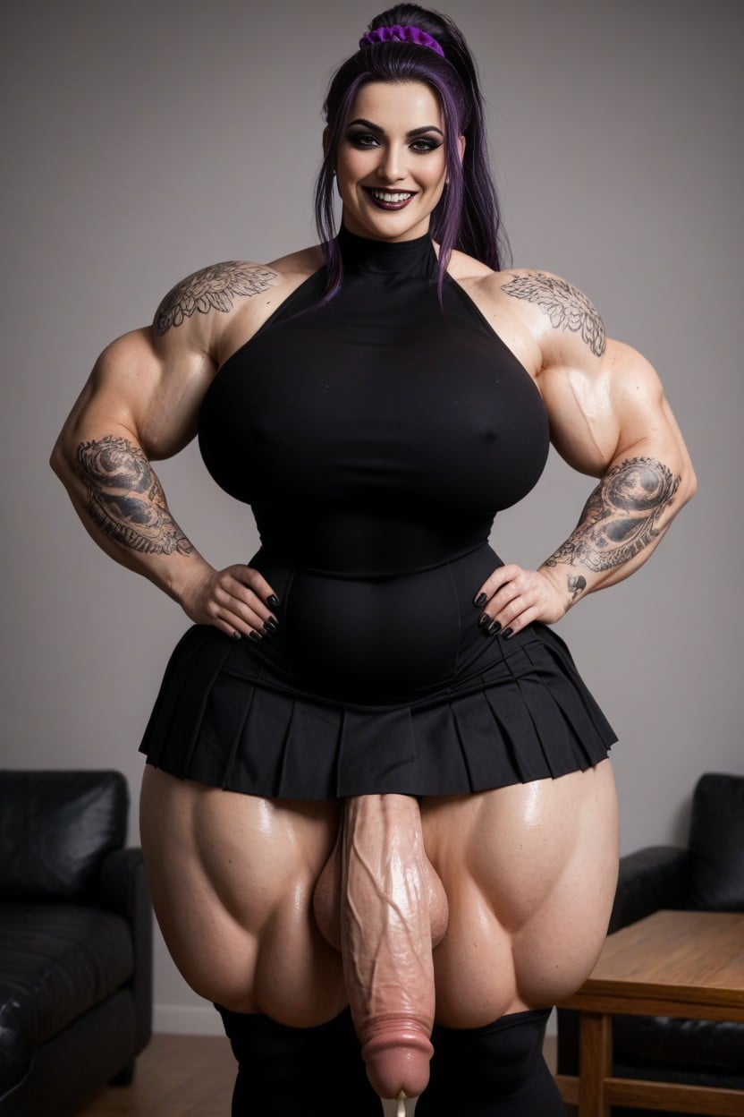 Purple Hair In High Ponytail With Scrunchie, Covered In Large Tattoos, Unrealistically Thick Muscular Futanari AI Porn
