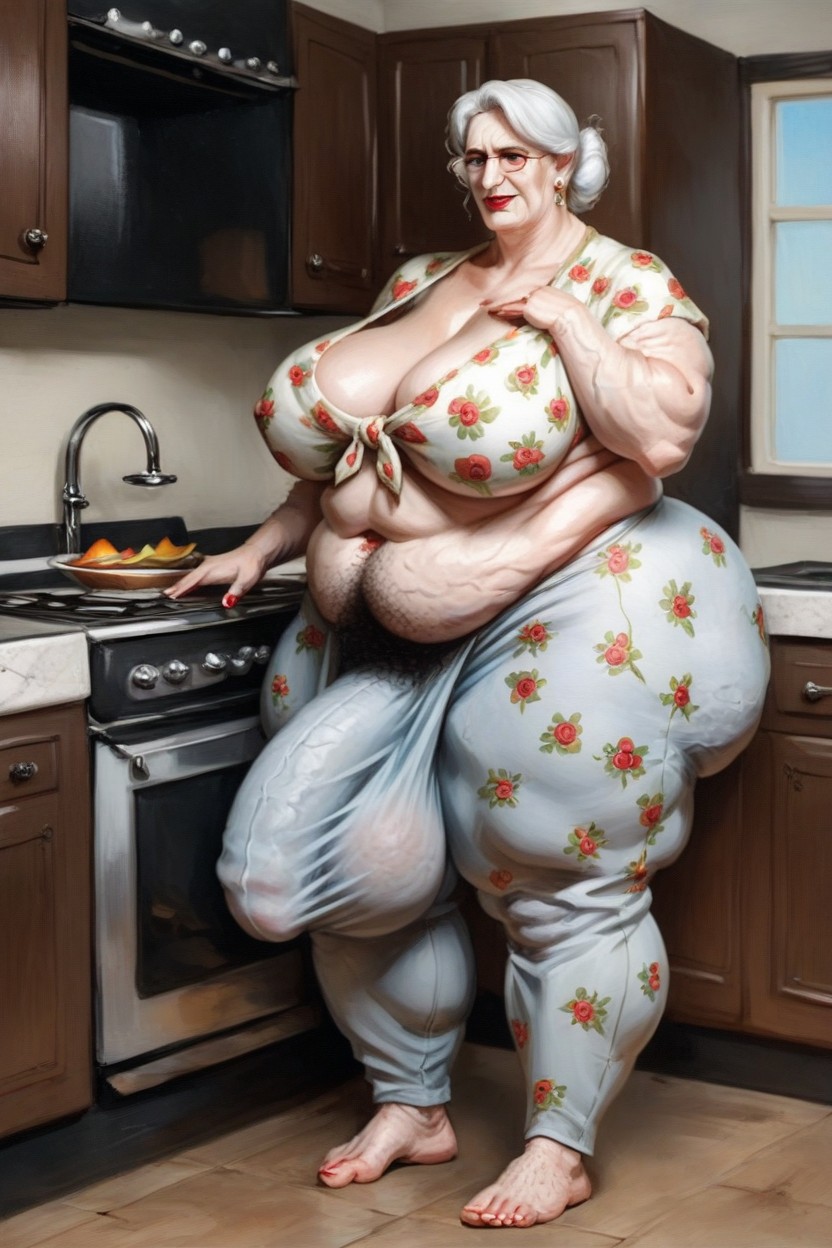 Peeping On Grandma In Kitchen, Large Breast, Flower Print Clothing AI Porn