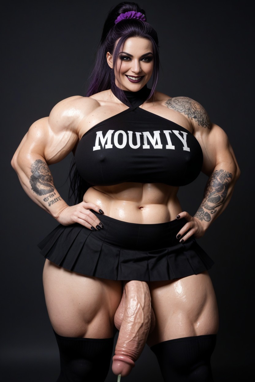Mommy Cheerleader Outfit With Skirt, Extra Long Thigh High Socks, Tall Bulky Widest Amazonian Body AI Porn