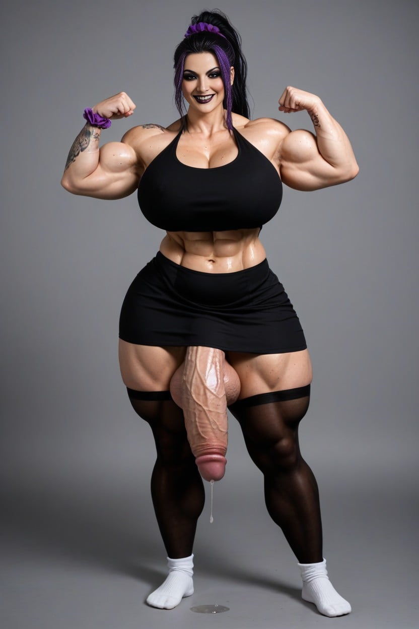 Wide Shoulders, Long Black Hair, Comically Gargantuan Futanari Monster Cock AI Porn