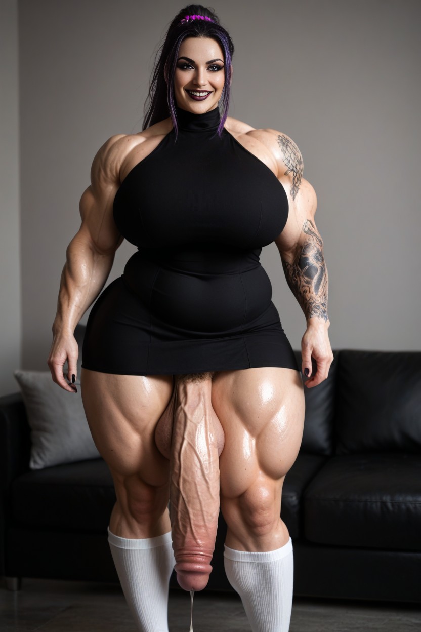 Excessively Large Balls, Unrealistically Thick Muscular Futanari, Purple Hair In High Ponytail With Scrunchie AI Porn