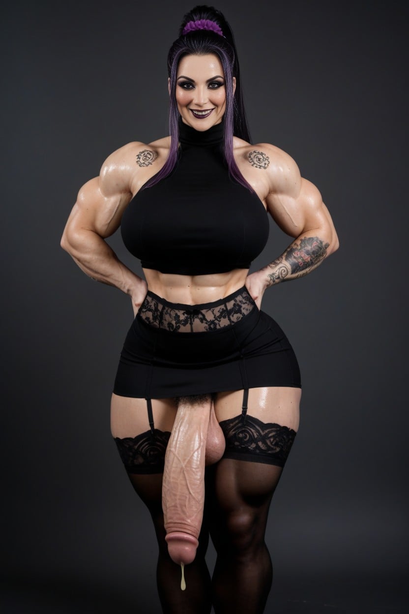 Garter Belt, Covered In Large Tattoos, Hyper Gigantic Cock Glans AI Porn