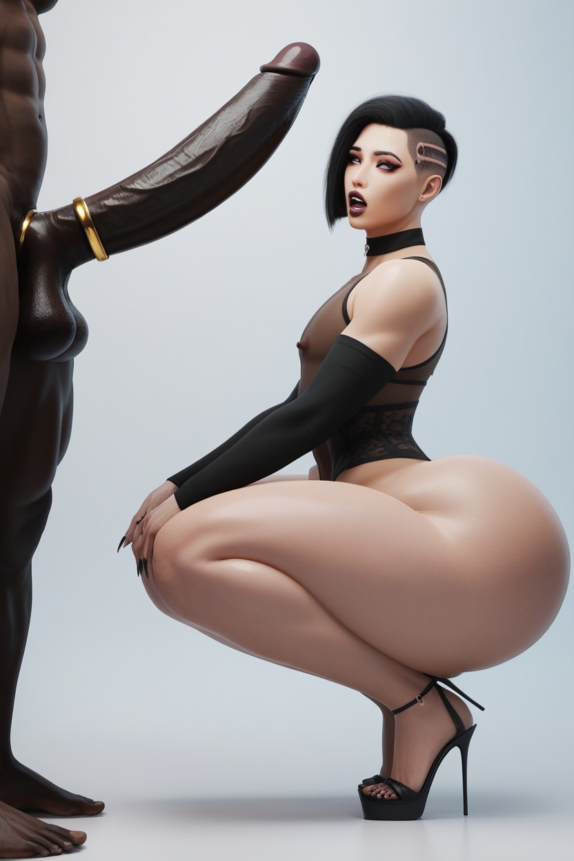 18+, Squatting, Huge Dark Black Male At Forefront AI Porn
