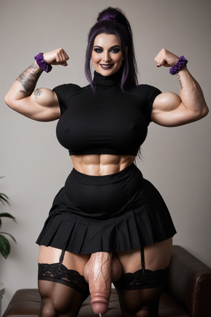 Covered In Large Tattoos, Incredibly Freakish Goth Muscle Mommy Bbw, Tall Bulky Widest Amazonian Body AI Porn