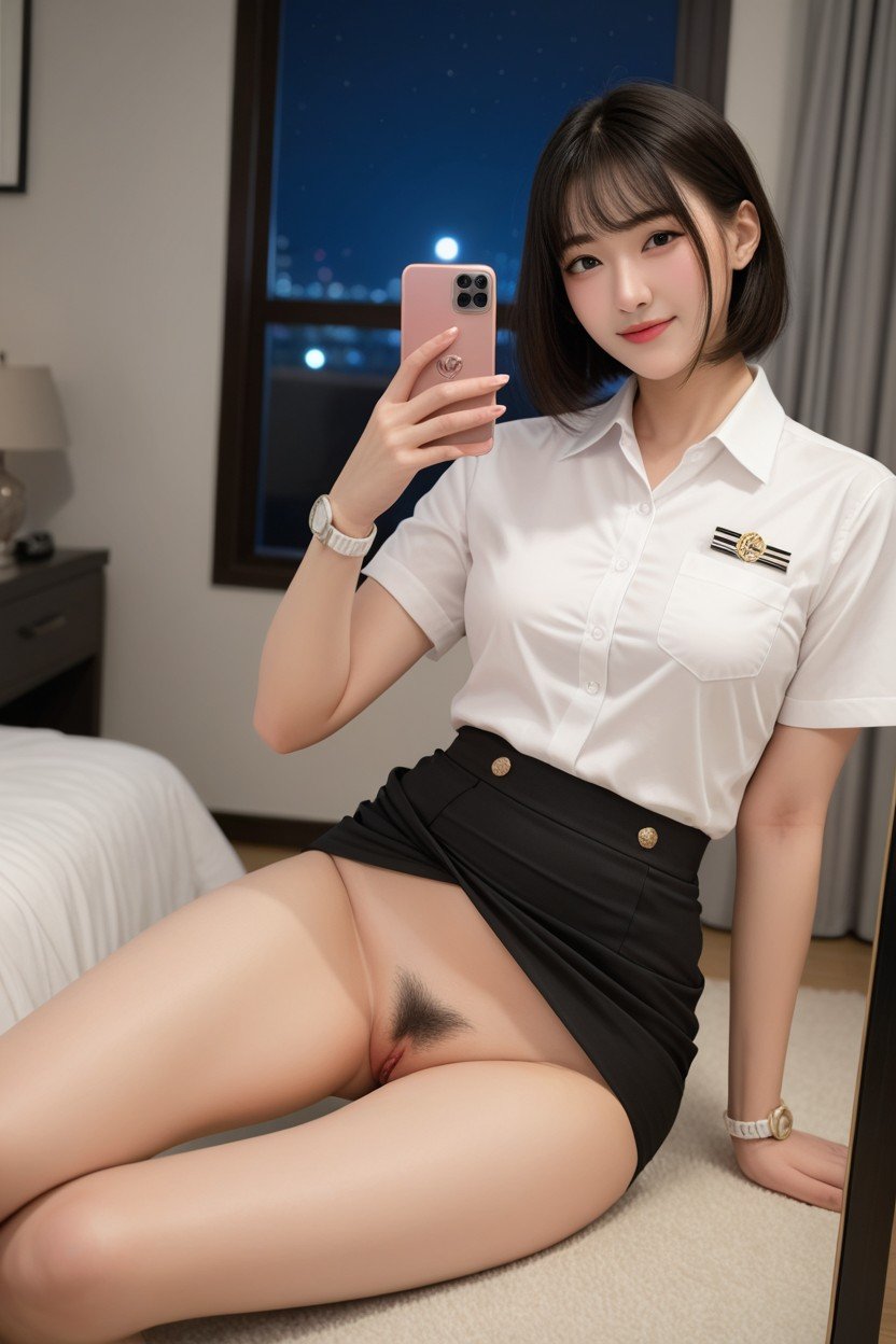 No Panties On Crotch, Wearing White Uniform Shirt, Wearing Gray Pencil SkirtAI国产黄片