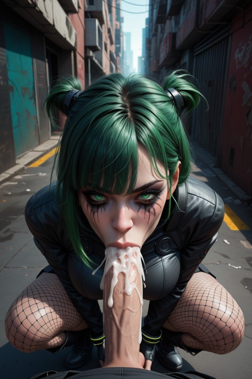 Bangs, Green Eyes, Squatting Shemale AI Porn