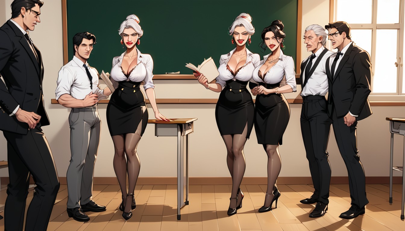 The Men Tug At Her Clothes, Standing In The Classroom, Red Lipstick AI Porn