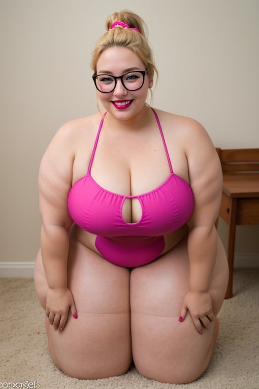 馬尾辮, 極端下半身沉重, Extremely Obese Ssbbw Woman Kneels On All Fours And Smiles At Viewer You See Her From Side She Is Wearing Pink Swimsuit And Very Heavy Makeup With Red Lipstick She Has Very Big Arms And Blonde Pigtails And GlassesAI黃漫