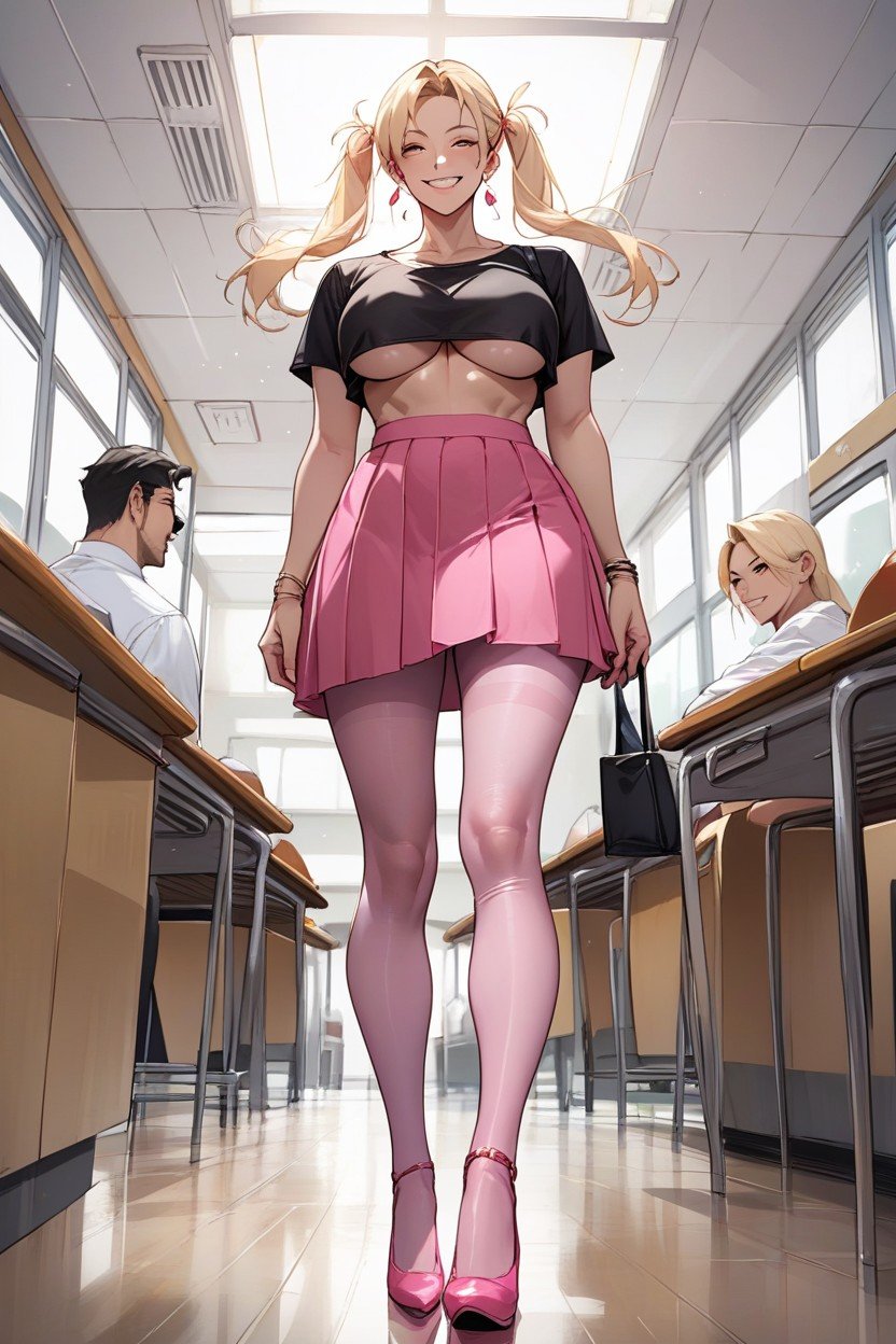 Black Tube Crop Top Underboob, Full Body, Standing In A School Cafeteria Shemale AI Porn