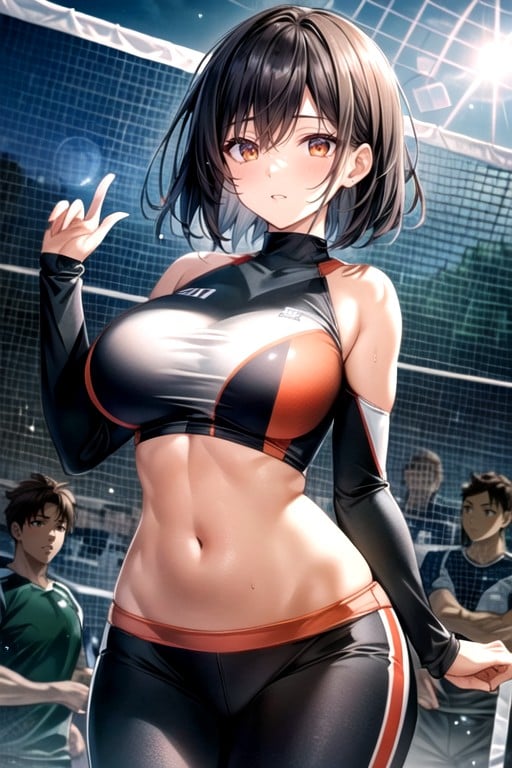 Black And Orange Volleyball Uniform, Ultra Detailed, Saggy Breasts Asian AI Porn