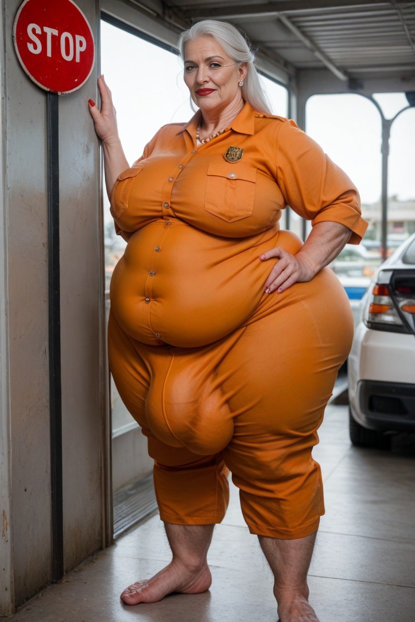 Obese, Plump Lips Red Lipstick, Orange JumpsuitTransfrau KI-Porno