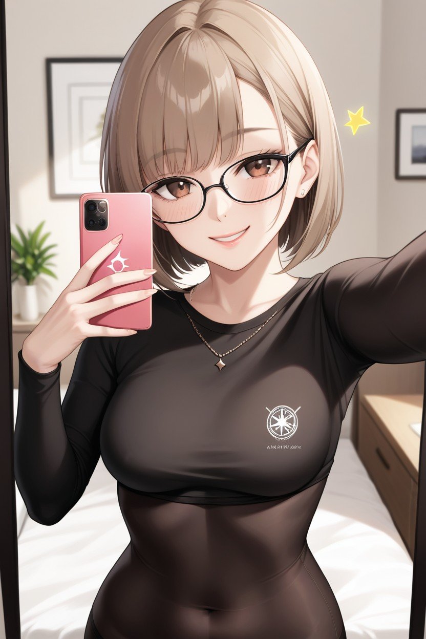 Glasses, Wavy Bobcut, セルフィーヘンタイAIポルノ