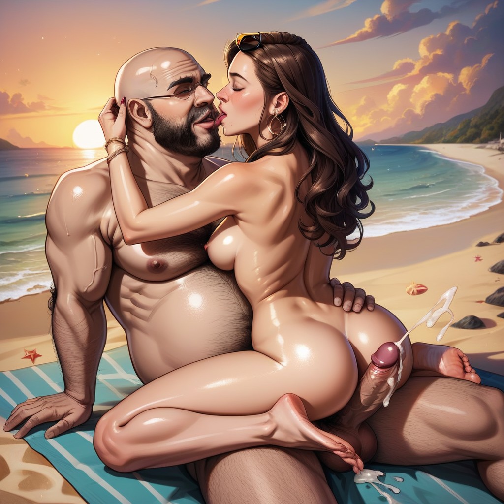 Beach, Small Ass, Fat Hairy Bald Man Drooling AI Porn