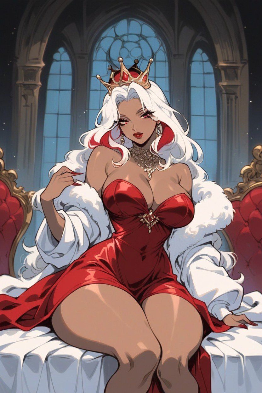 18+, Red Highlights In White Hair, Gorgeous Gown Hentai AI Porn