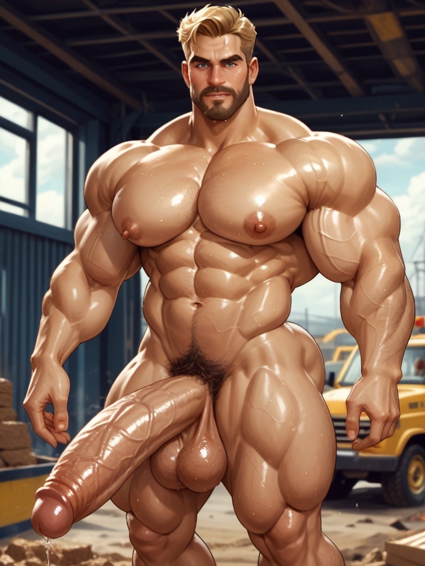 Huge Chin, Oiled Skin, Construction Site AI Gay Porn