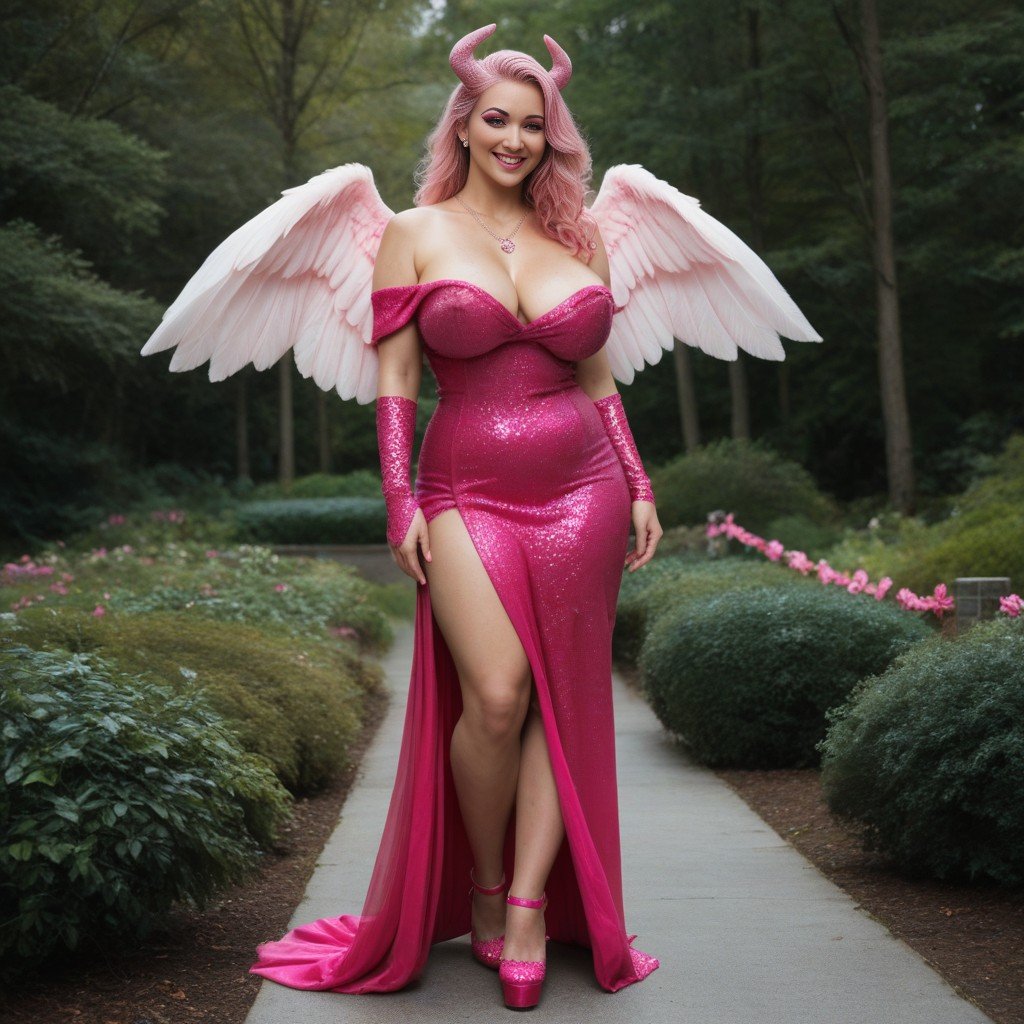 Whole Body, Feminine Pink Tall Transgender, Big Wide High Up Pink Angel Wings At Back Shemale AI Porn