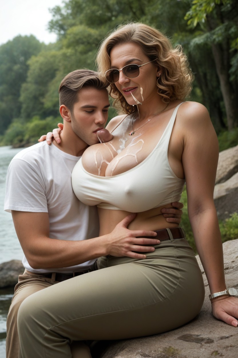 Milf Has One Hand On Mans Dick, Sitting On A Rock, Pale Skin AI Porn
