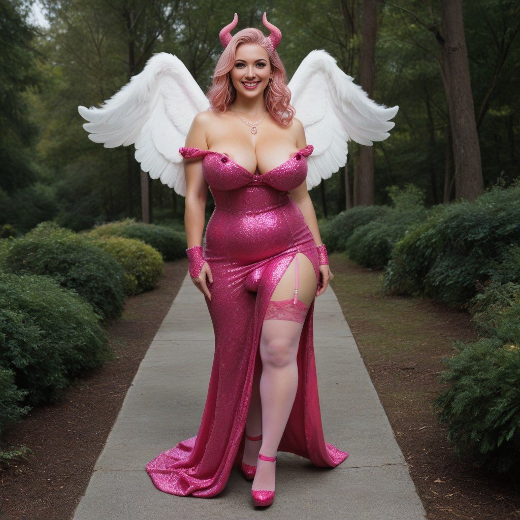 Walking Catwalk, Big Pink Glitter Demon Horns, Pink Glitter Long Off Shoulder Tight Dress Shemale AI Porn