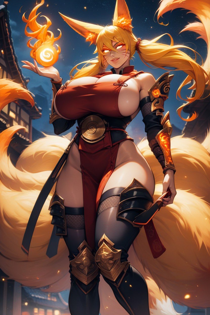 Busty, Fiery Flame Long Yellow Hair Twintails, Long Arm Sleeves Furry AI Porn