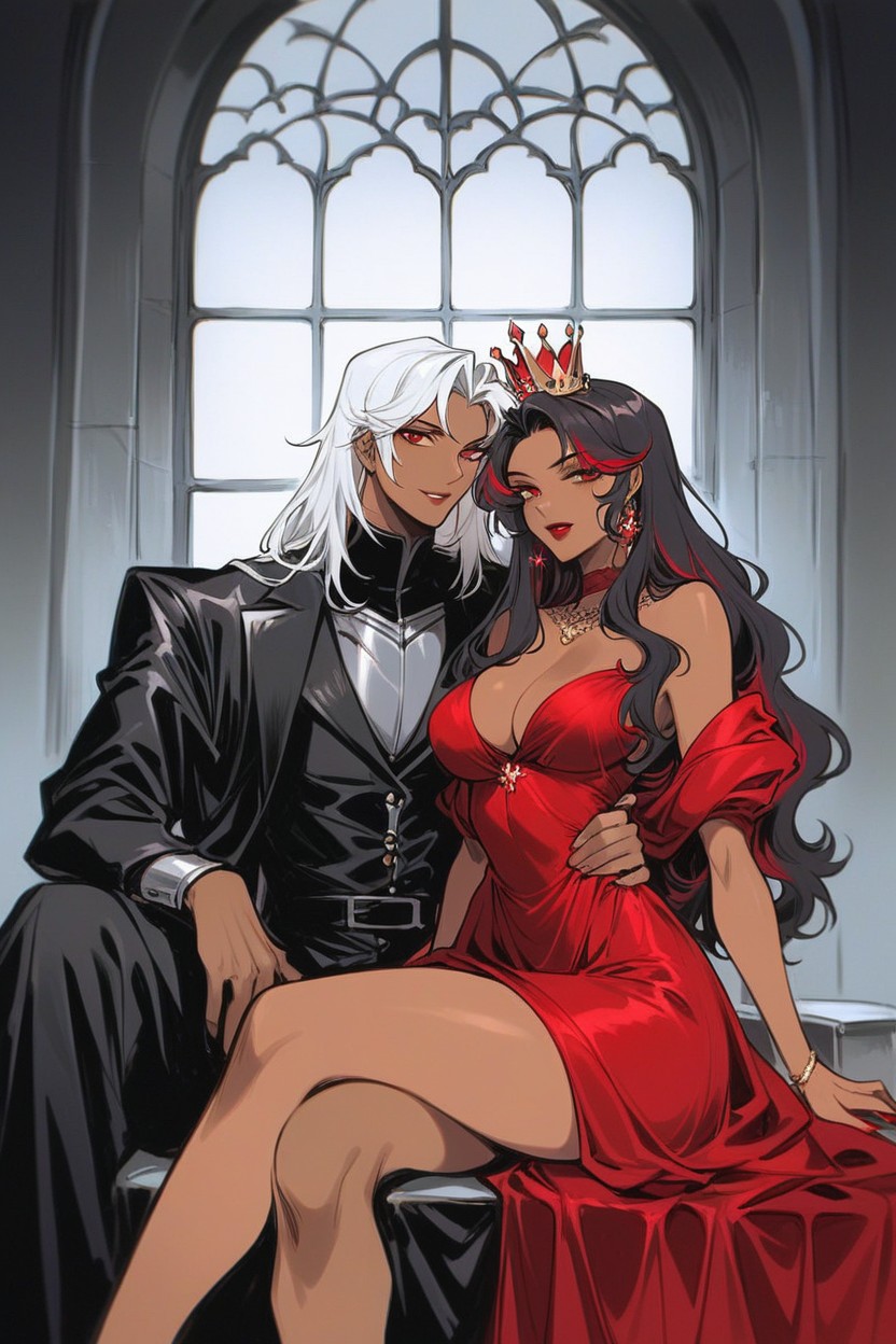 Waist Shot, Dark Brown Skin, Big Red Plush Chair Hentai AI Porn