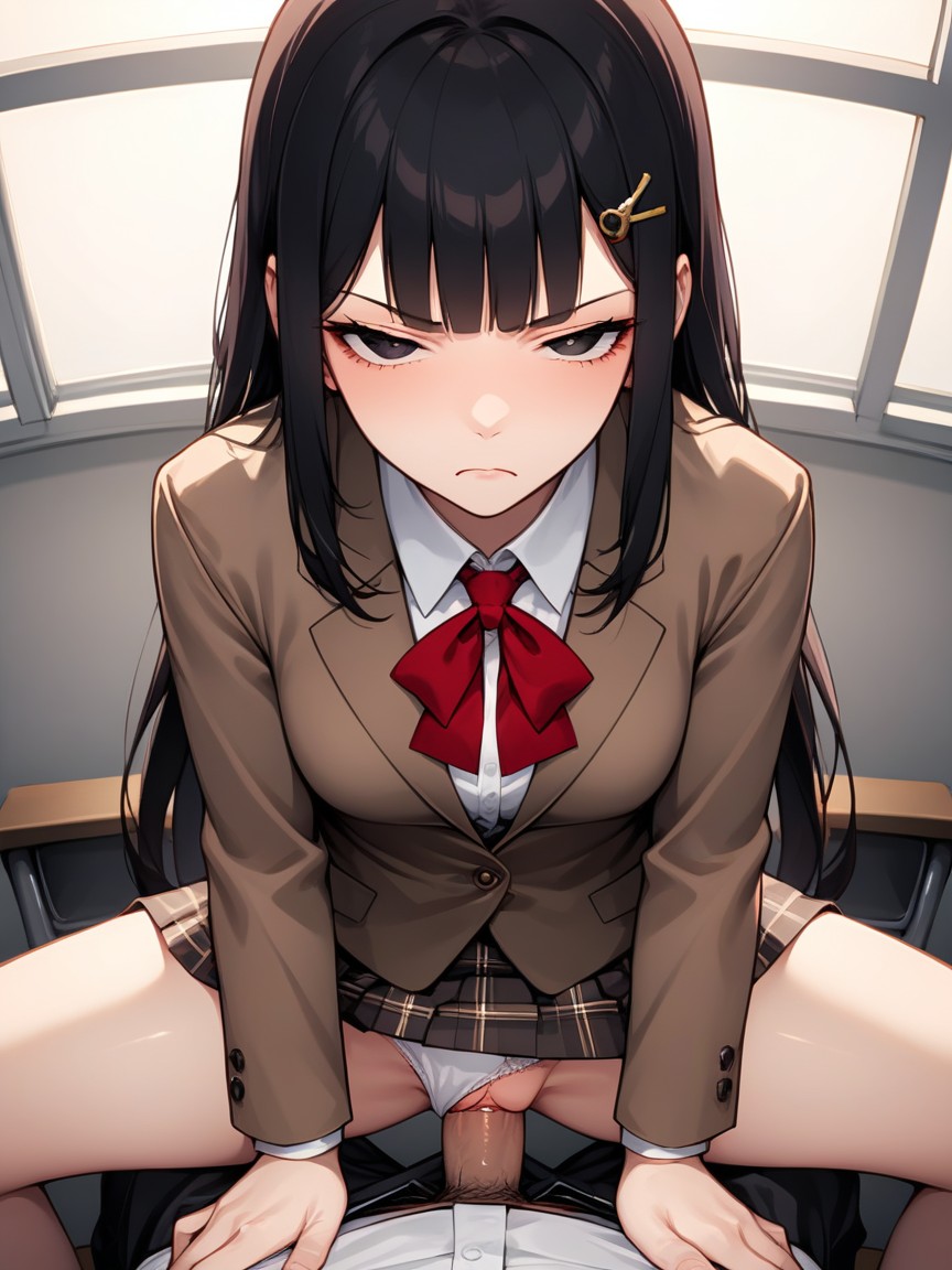 Brown Blazer, Red Tie, Looking Up At Viewer Hentai AI Porn
