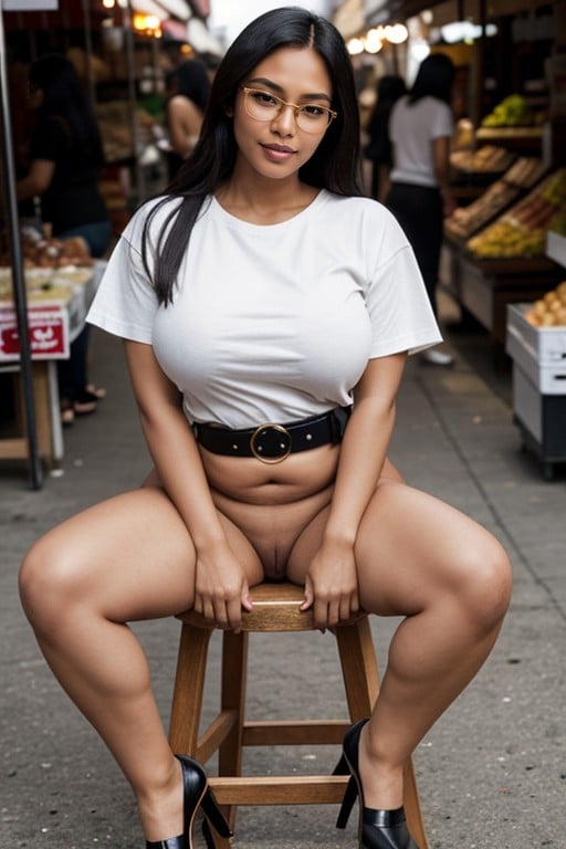 - Indonesian Womendark Tanned Skin - Voluptuous Curvy - Black Long Hair - Glasses - Natural Breasts - Rounded Ass - Plain White Oversized T-shirt - Belt In The T-shirt - Bottomless - Naked - Pussy - Big Pussy Lips - Shoes - Sitting Spread Legs - Wooden Chair - In The Crowded Market - Overall Views, Cuerpo Completo, Pechos NaturalesPorno gay IA