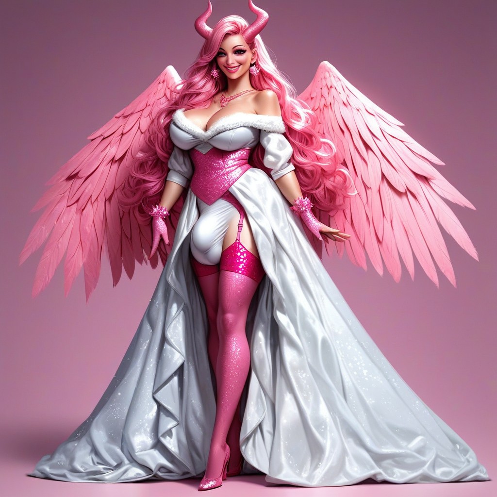 Deep Neckline Dress, Walking Catwalk, Dark Pink Angel Wings Porno IA transsexuelle