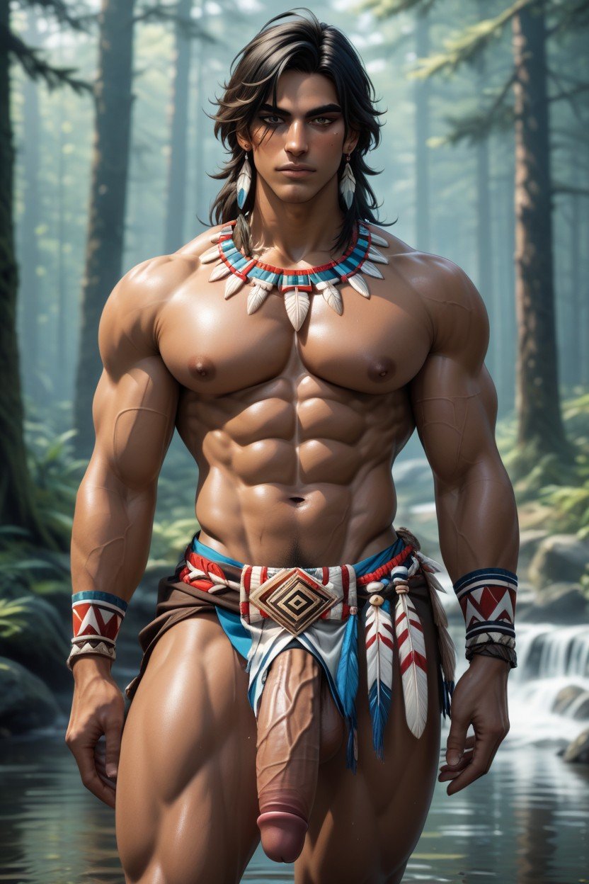 Tan Skin, Long Straight Black Hair, Tribal Wear AI Gay Porn