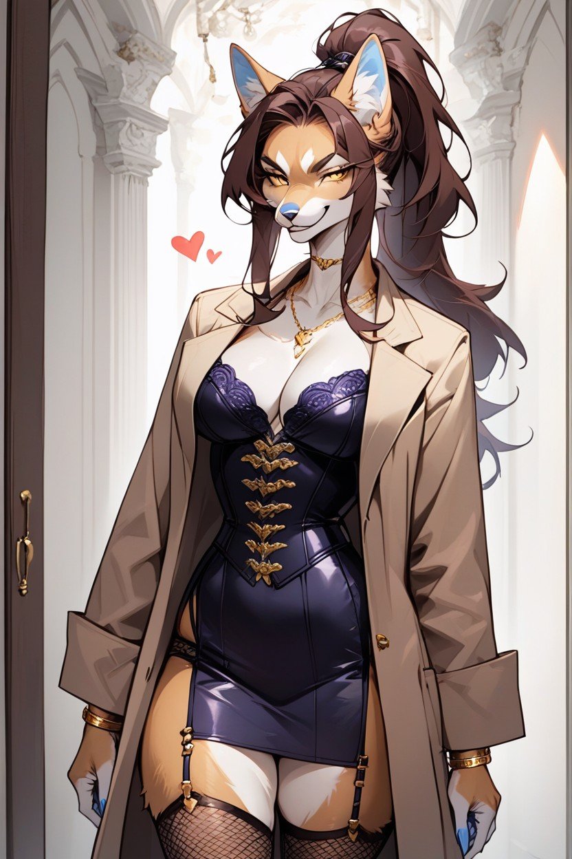 Long Length, Black Trench Coat, Waist Shot Furry AI Porn