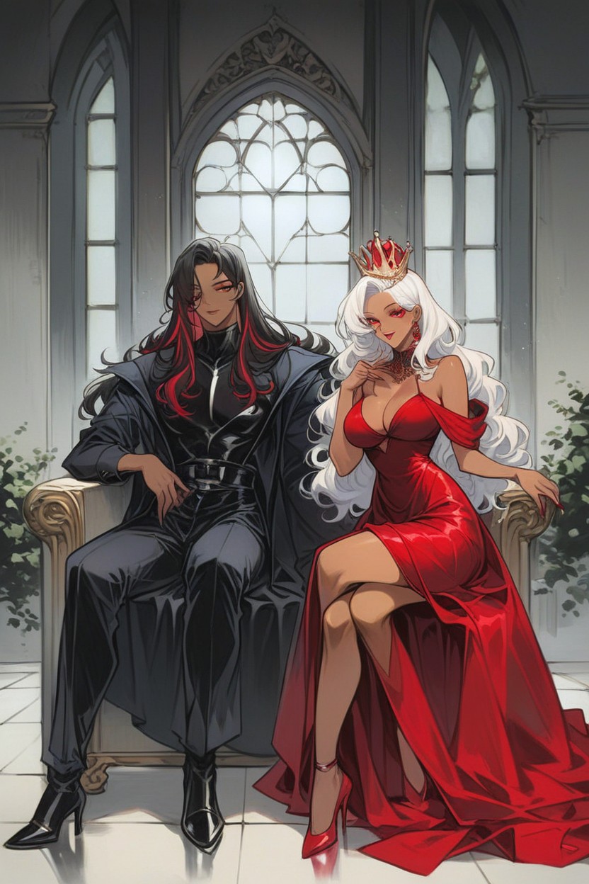 Tan Skin, Pretty Queen Gown, Red Highlights In White Hair Hentai AI Porn