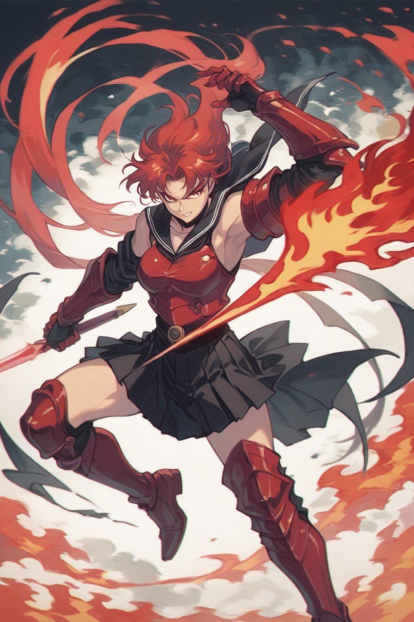 Red Boots, Black Sailor Uniform Skirt, Flame BackgroundAI黃漫