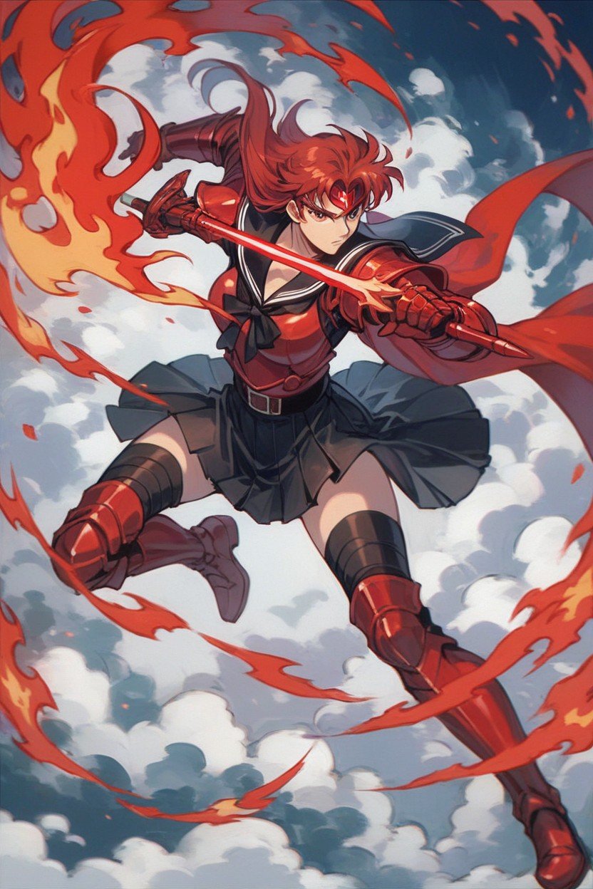 Battle Pose, Red Flaming Sword, Red BootsPorno IA Hentai