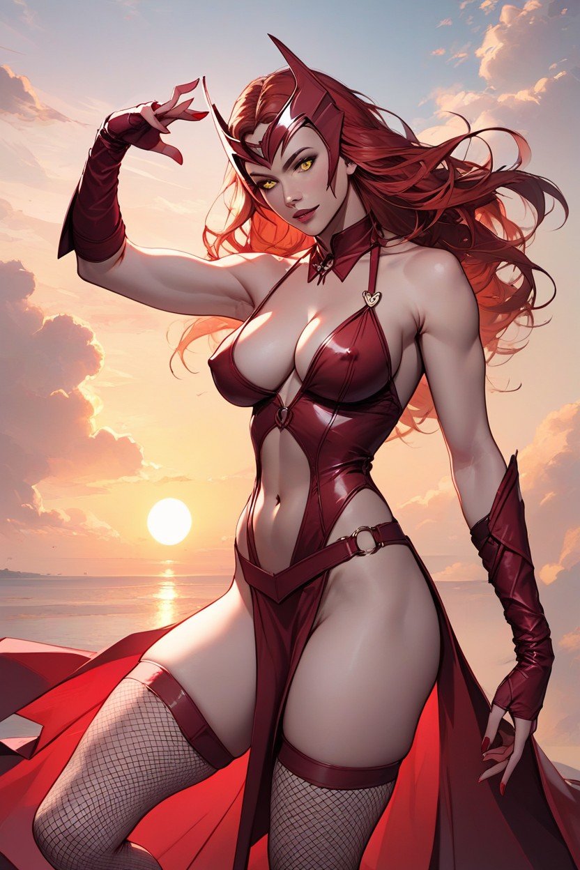 Nipple Outline, Scarlet Witch Outfit, Yellow Eyes Travesti IA Pornô