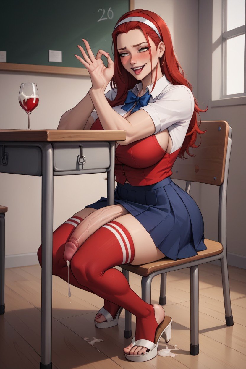 Red Hairband, Stiletto Heel Sandals Stockings, Red Top Shemale AI Porn