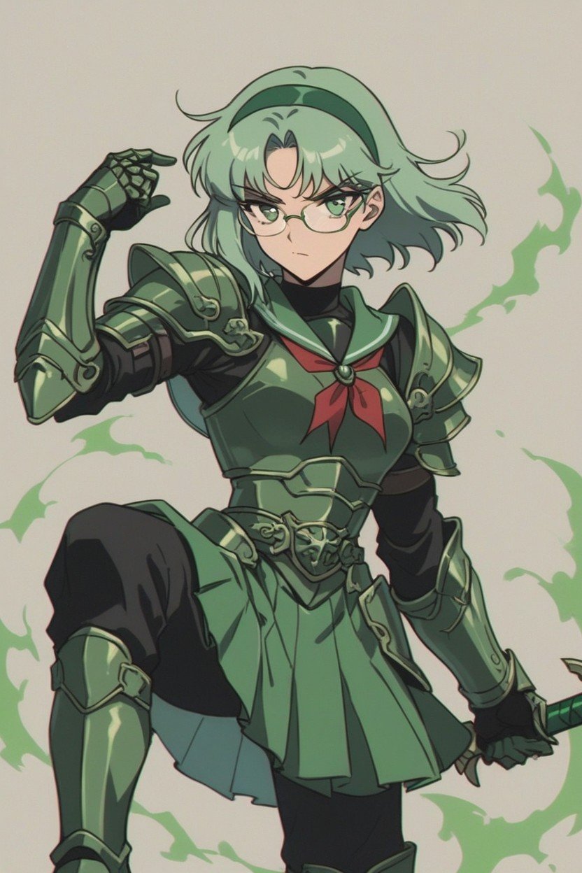 Short Length, Green Hair, Battle Pose Hentai AI Porn