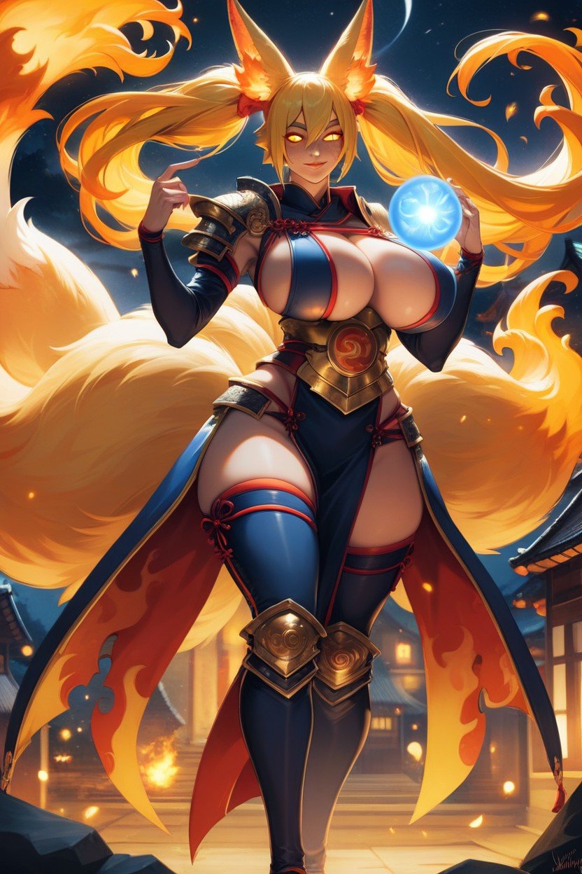 Tail Made Of Flames, Voluptuous, Fiery Flame Long Yellow Hair Twintails Hentai IA pornografia