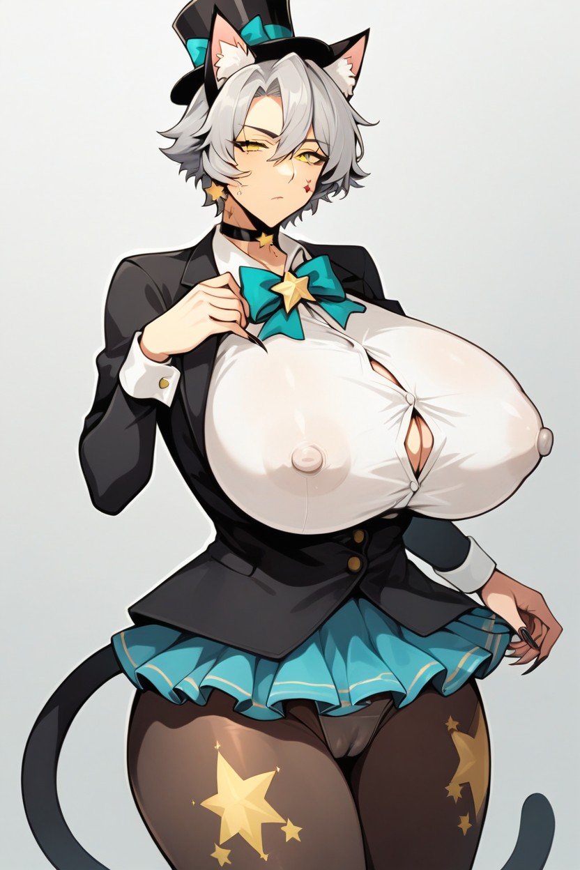 Black Waistcoat, White Shirt With A Bow, Erect Huge NipplesHentai IA