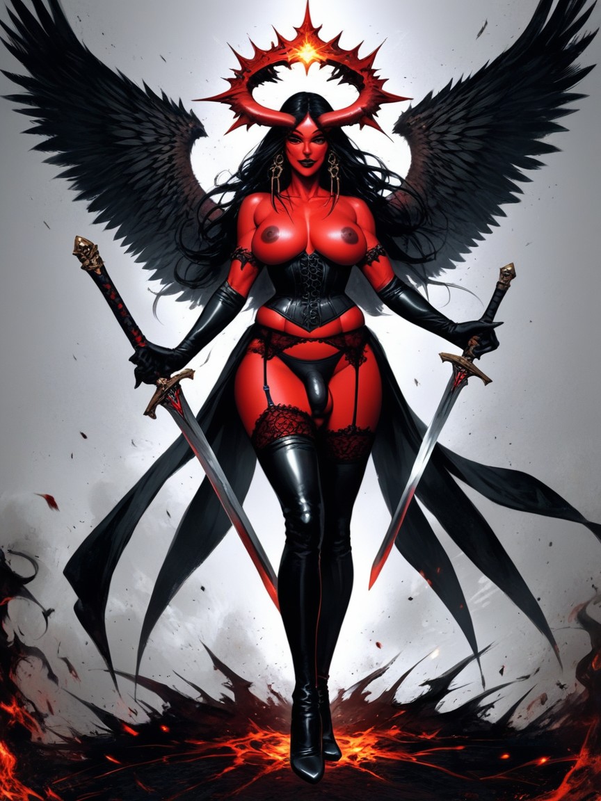 Black Long Braids With Red Ribbons, Dark Angel, Fire Halo 人妖AI黃片