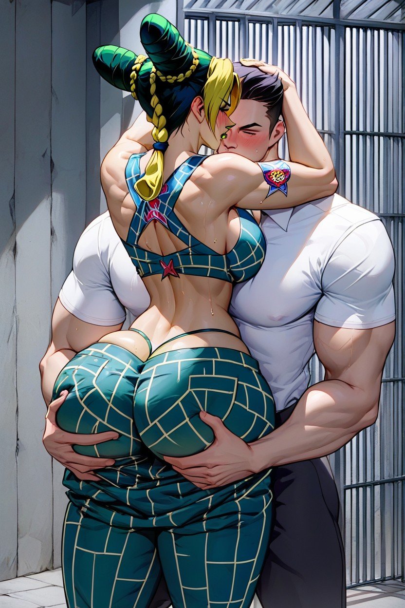 Jolyne Holding Man, Man Grabs Jolynes Ass Above Her Pants, Jolyne Hugging Man Shemale AI Porn