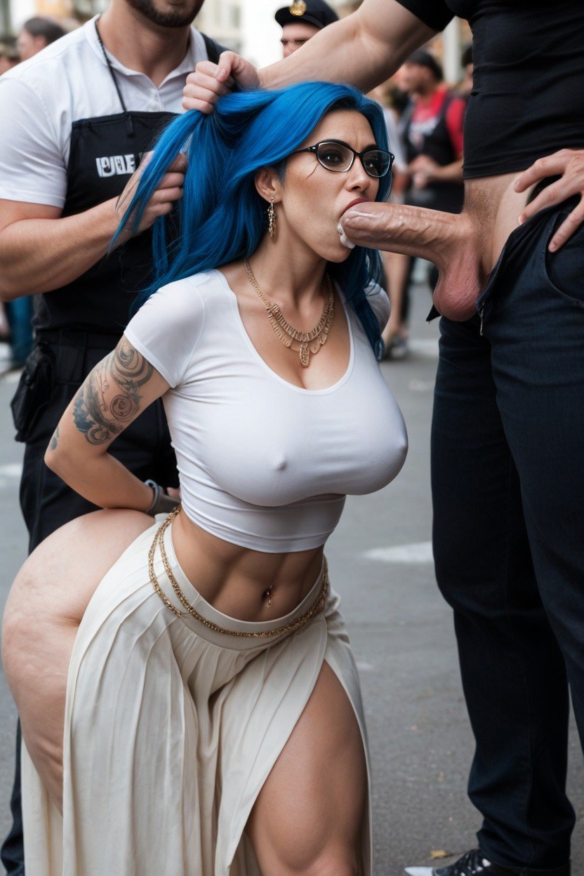 Many Piercings On Face And Ears, Wrists Shackled In Chains, Wearing A Long Maxi Skirt And A Tight Fitting Red Communist Logo T Shirt Shemale AI Porn